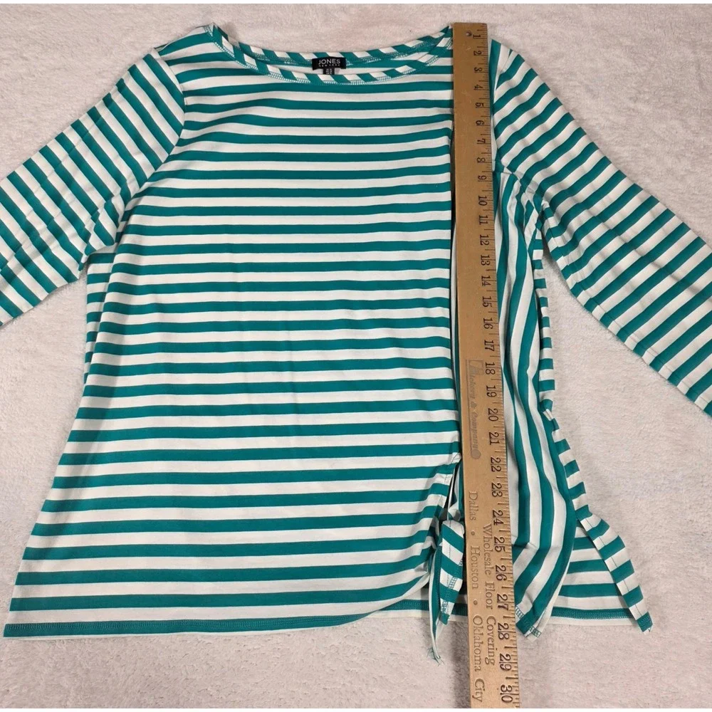 Jones New York Striped Knit Top Womens 1X Teal White Excellent Side Tie - Picture 5 of 8